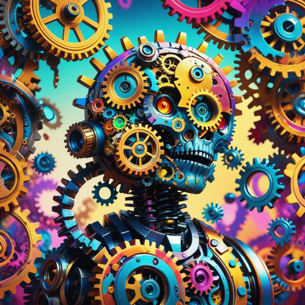 Gears and Watch Parts Creature in Vibrant Radial Gradient Ba...