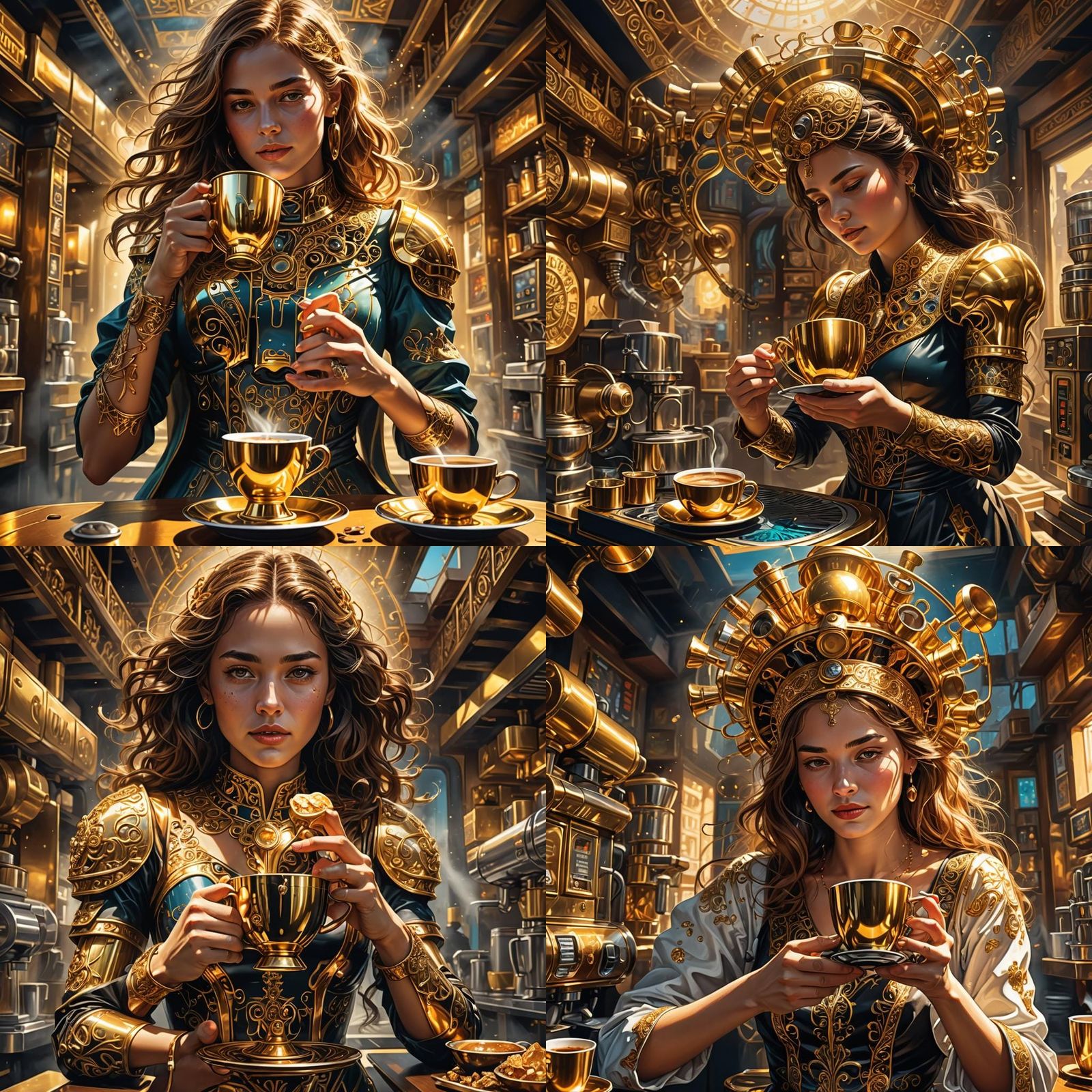 Surreal Scene of a Holy Coffee Machine and Woman in Golden C...