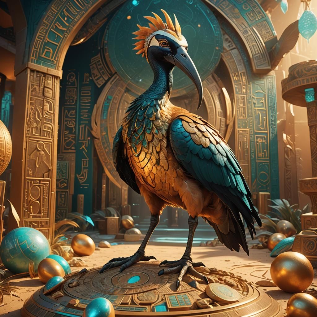 Egyptian God Thoth as Ibis Computer in Golden Hour