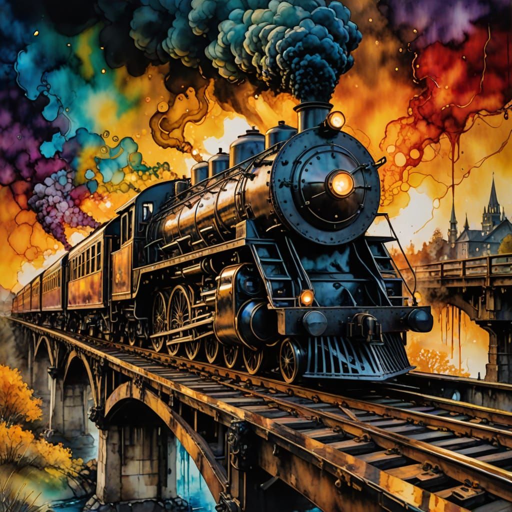 Steam Train Crossing Bridge in Golden Hour