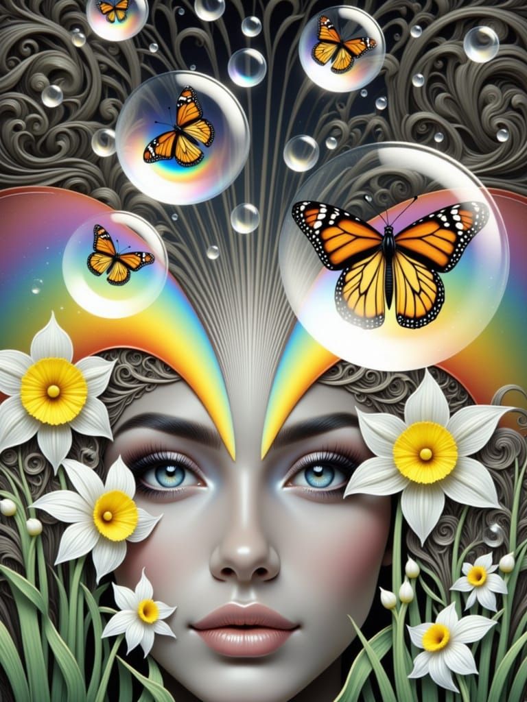 Surreal Woman with Butterfly and Daffodils in Iridescent Hyp...