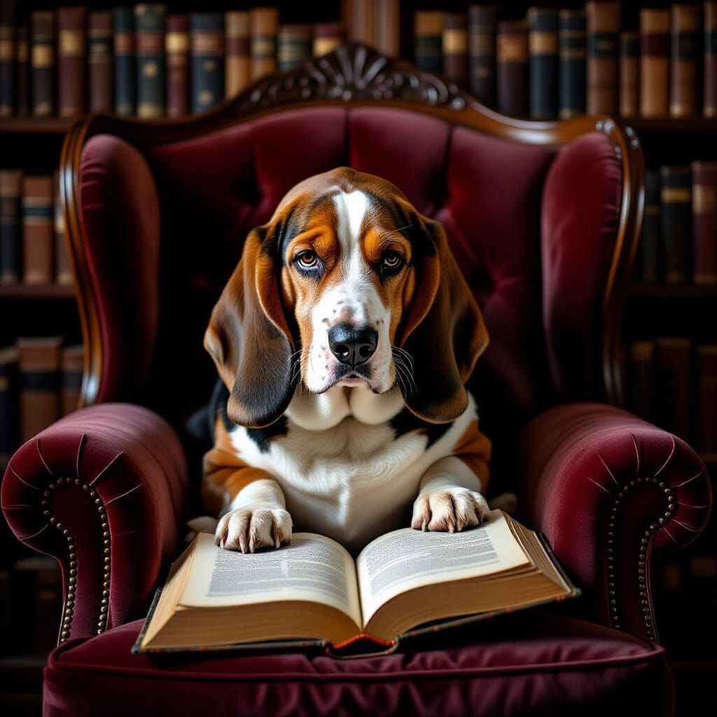 Basset Hound Reads Poetry in Dimly Lit Study
