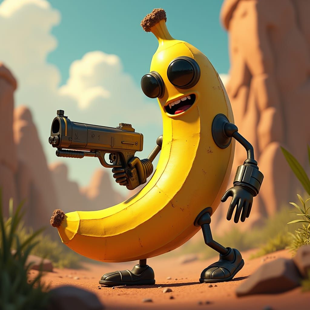 Banana Wielding a Futuristic Laser Gun in a Fantastical Envi...
