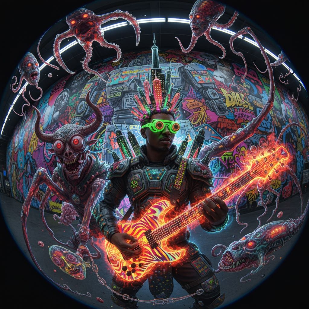 Futuristic Raver God with Neon Metropolis and Alien Creature...