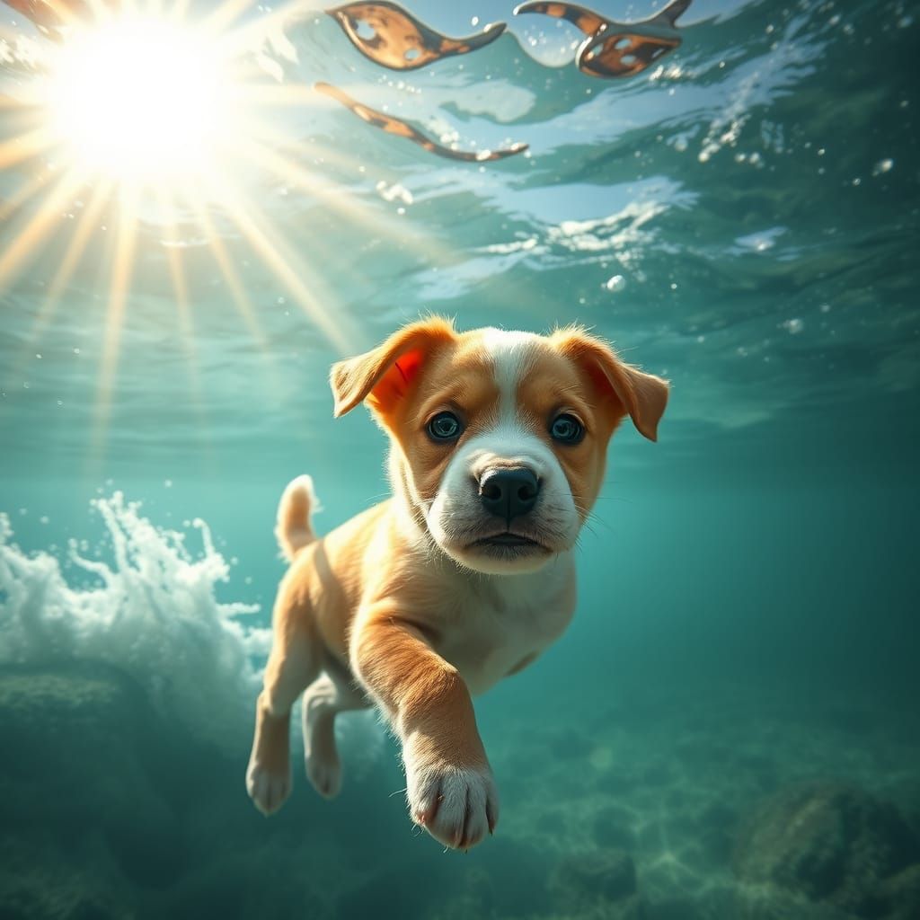 Hyperrealistic Underwater Scene of a Cute Puppy