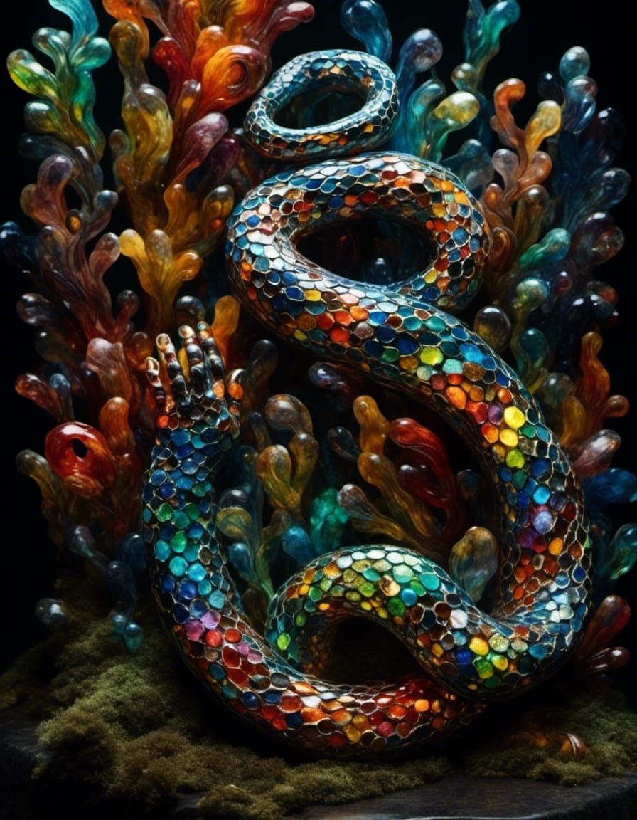 Surrealist Enameled Glass Hand-Snake in Vibrant Northern Lig...