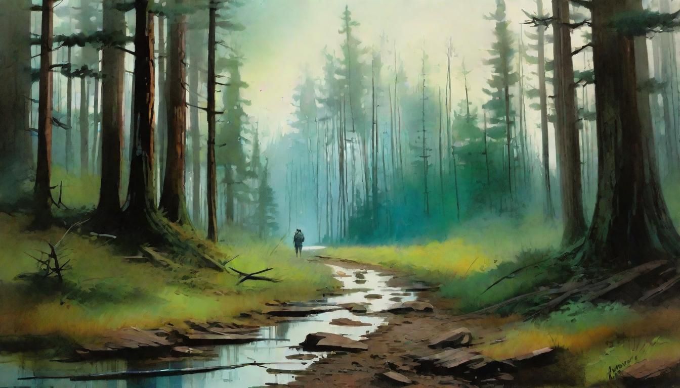 Cyberpunk Fantasy Traveler on a Dystopian Forest Trail