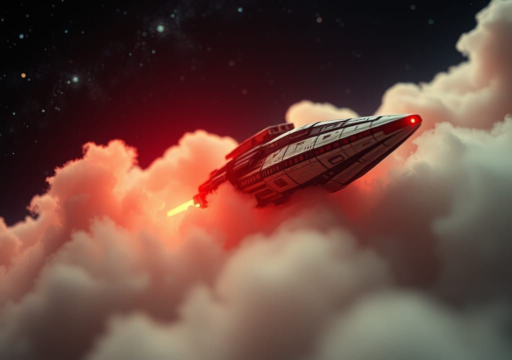 Retrofuturistic Spaceship Pierces Cosmic Clouds