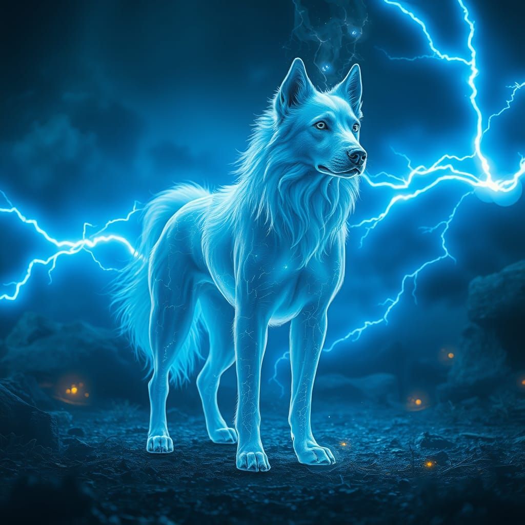 Ethereal Blue Ghost Dog in Mystic Landscape