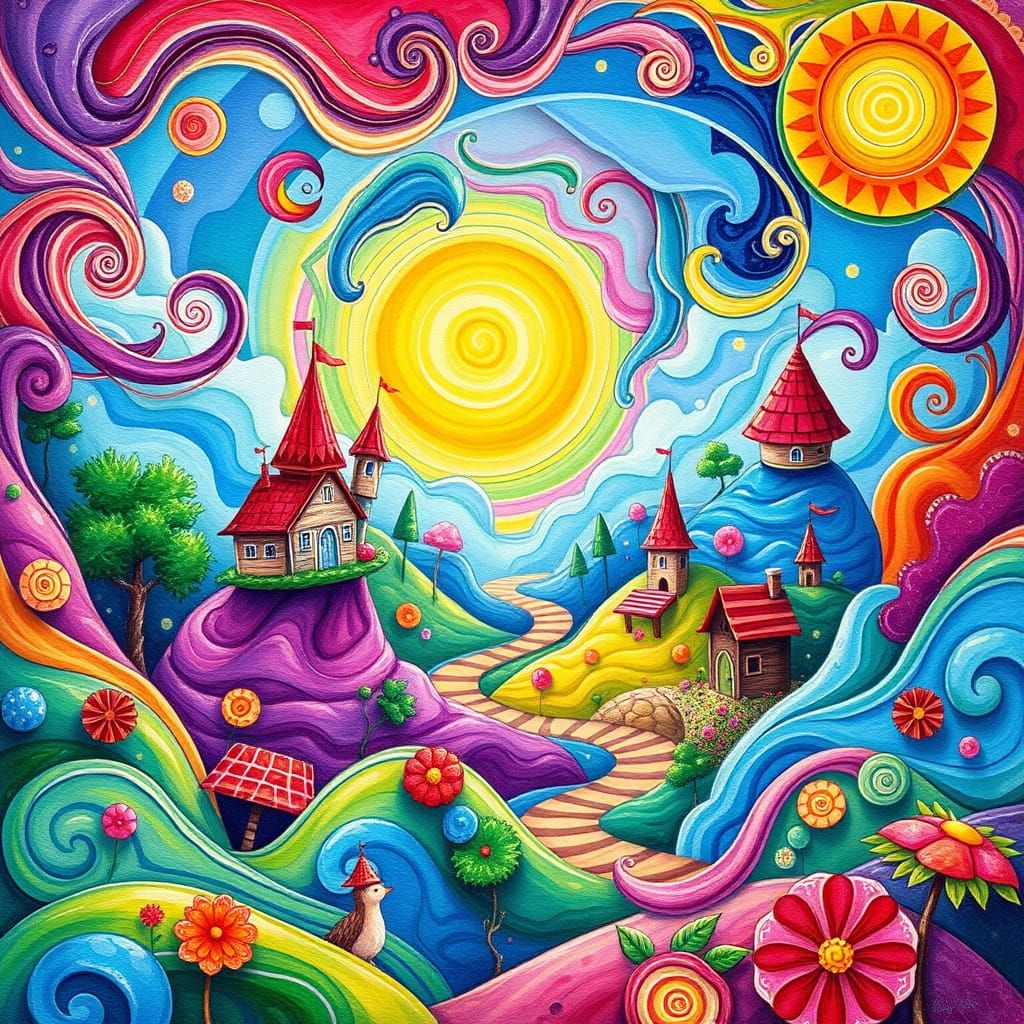 Vibrant Candyland Wonderland with Gouache Swirls