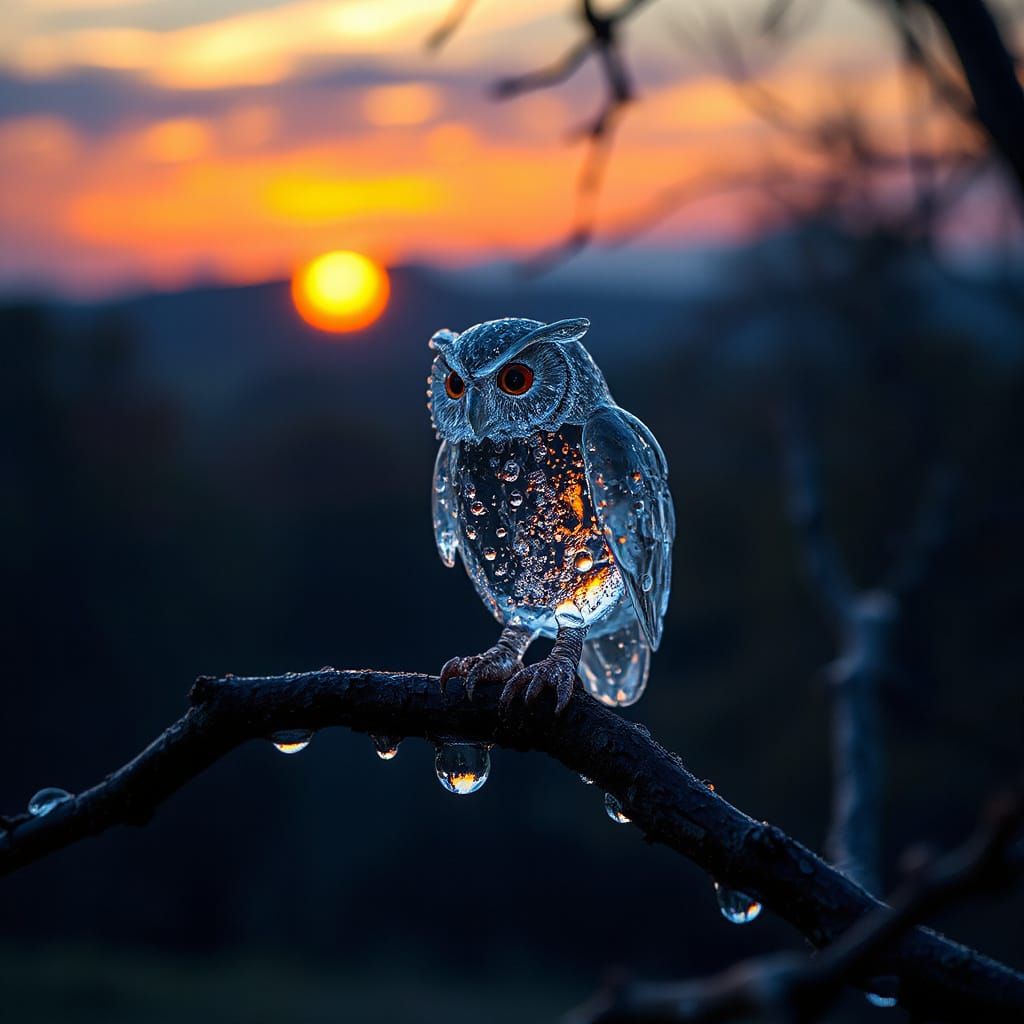 Bioluminescent Water Owl on Branch at Sunset
