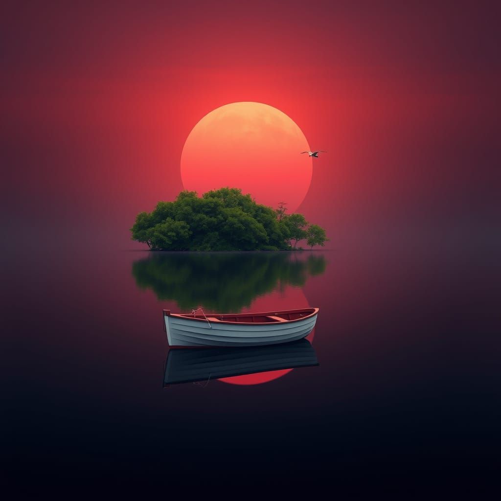 Tranquil Lake Scene with Rowboat, Detailed Matte Painting