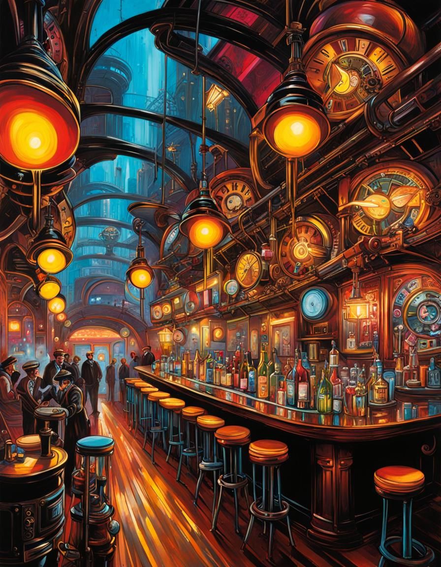Steampunk Nightclub Scene in Vibrant, Detailed Graffiti Art