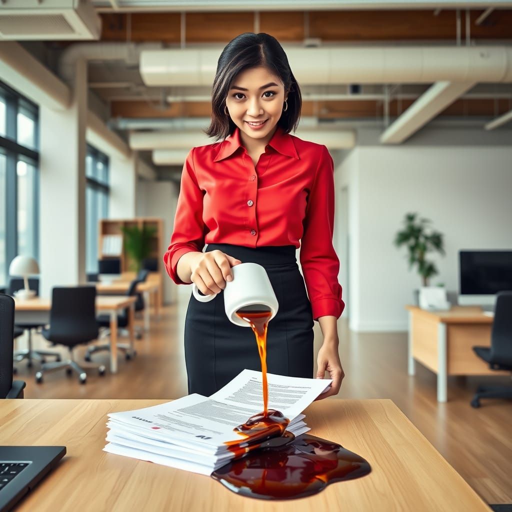 Asian Secretary's Coffee Catastrophe in Digital Art