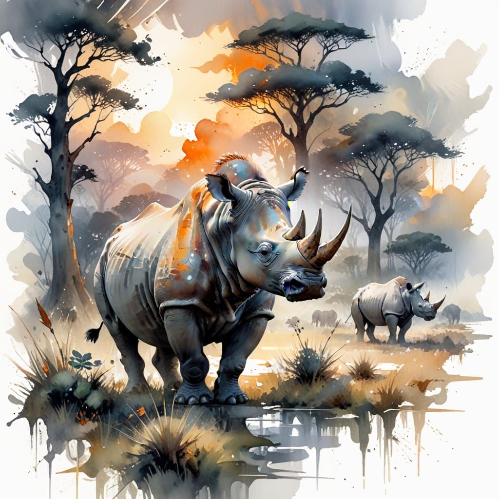 Majestic Rhinoceros on African Savanna in Golden Afternoon L...