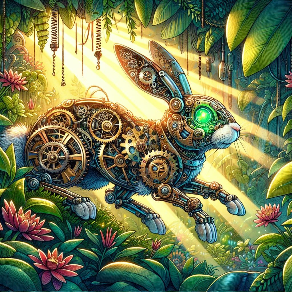 Clockwork Rabbit in Enchanted Steampunk Garden
