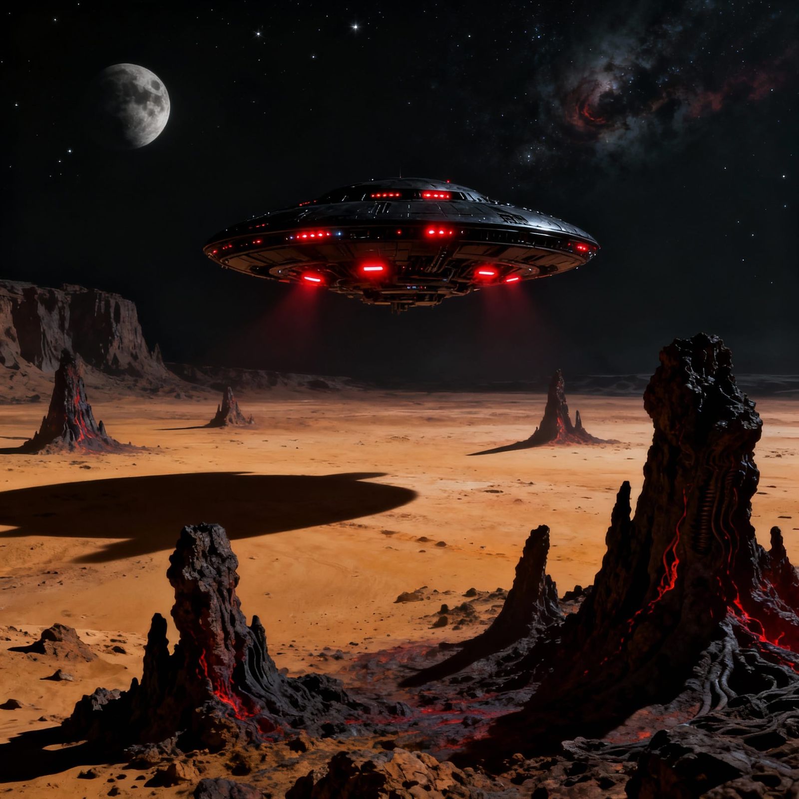 Menacing Black UFO Over Mars in Cosmic Horror Style