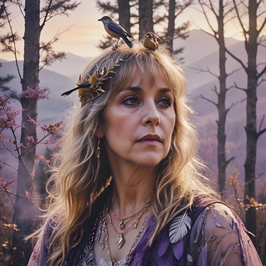 Stevie Nicks as a Songbird in Dreamlike Landscape
