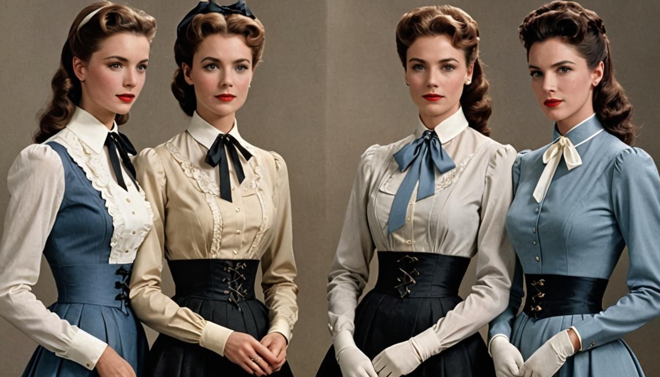 Elegant Women in Formal Corseted Blouses and Skirts with Rib...