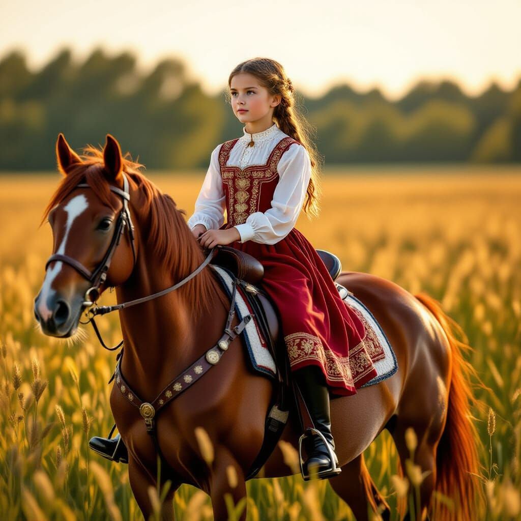 Farmer Girl on Horseback in Sun-Drenched Field