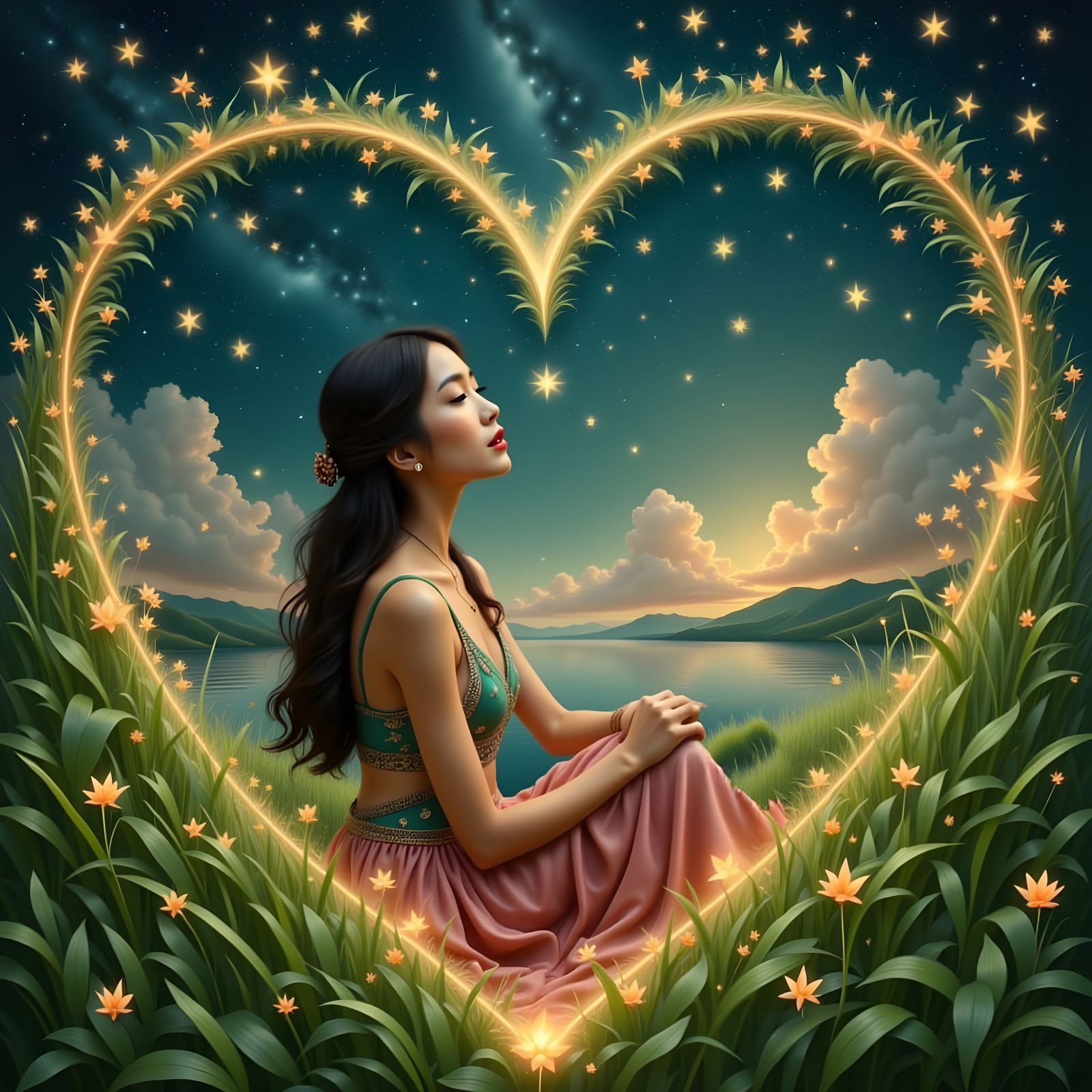 Asian Woman Portrait with Heart-Shaped Starry Sky