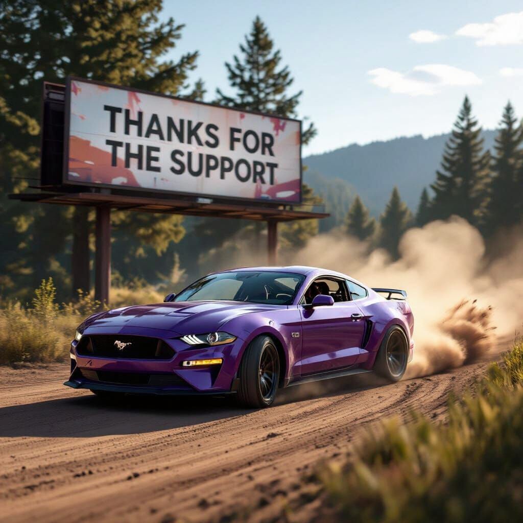 Purple Mustang Drifts on Dirt Road with Cinematic Flare