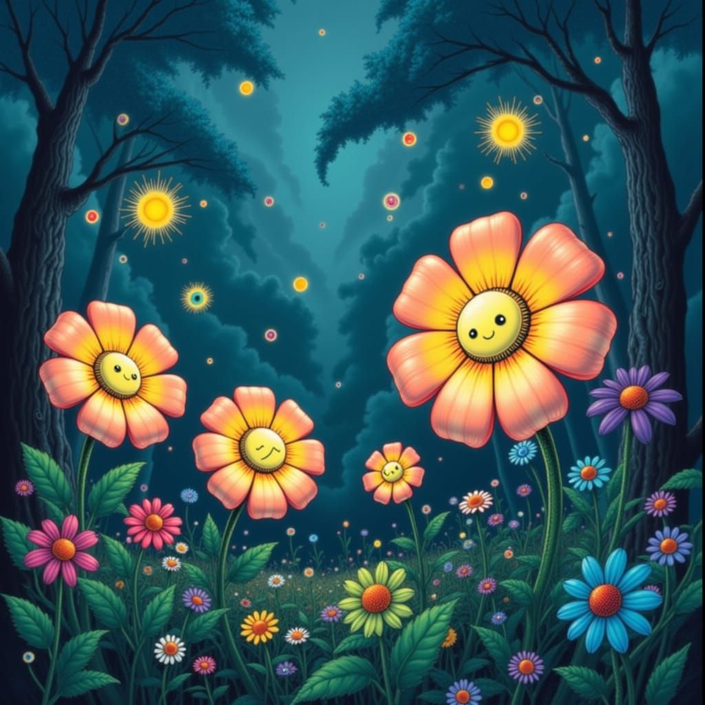 Surreal Night Garden with Talking Flowers and Fireflies