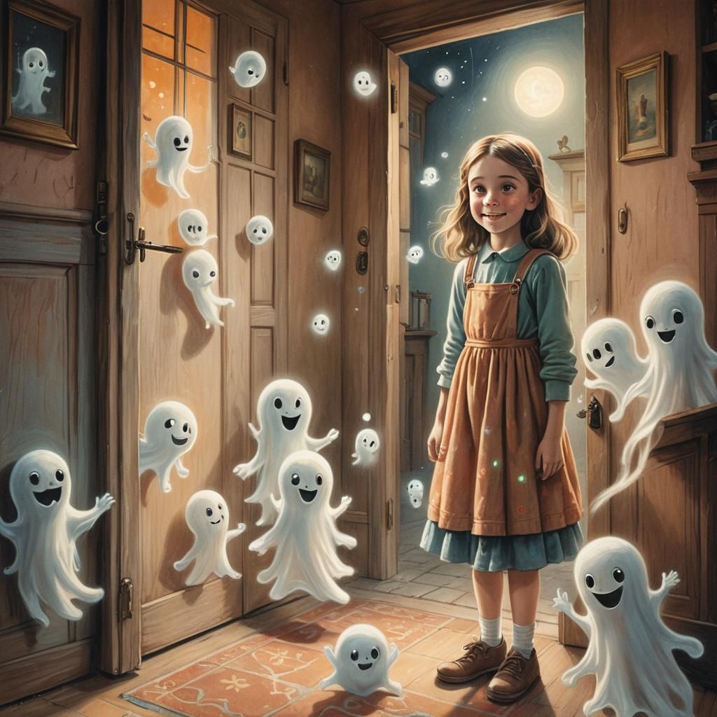 Whimsical Girl Watches Friendly Ghosts in a Cozy Old House