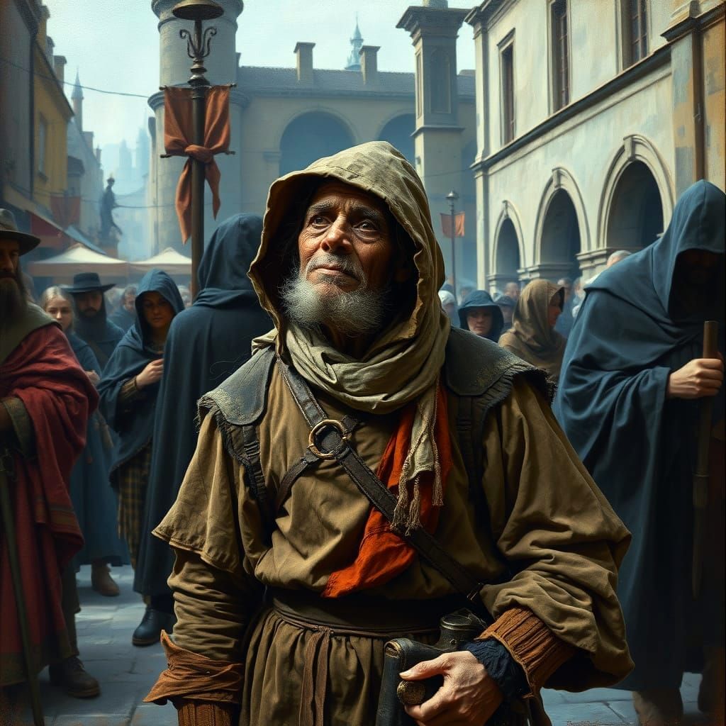 Medieval Beggar in Market Square: Oil Painting