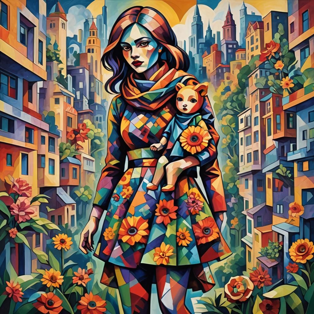 Vibrant Cubist Cityscape with Monster in Floral Attire