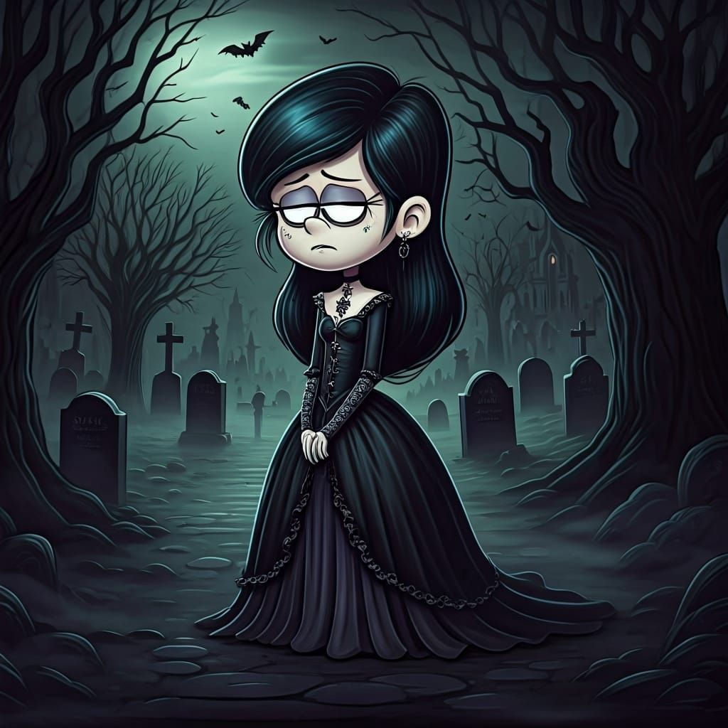 Imagine Lucy Loud from The Loud House as a gothic fairy, wandering through a haunted graveyard filled with tombstones an...