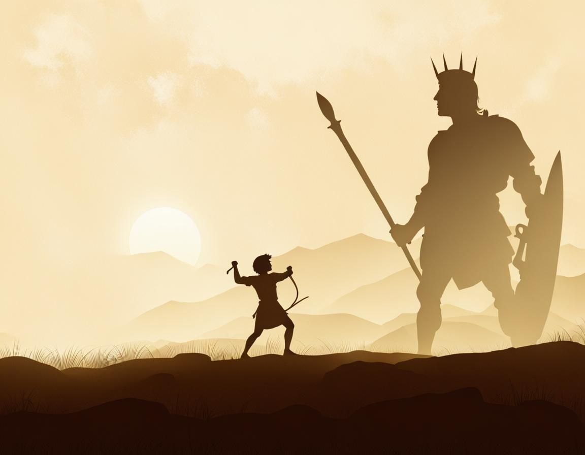 Surreal Silhouette of David and Goliath in the Desert