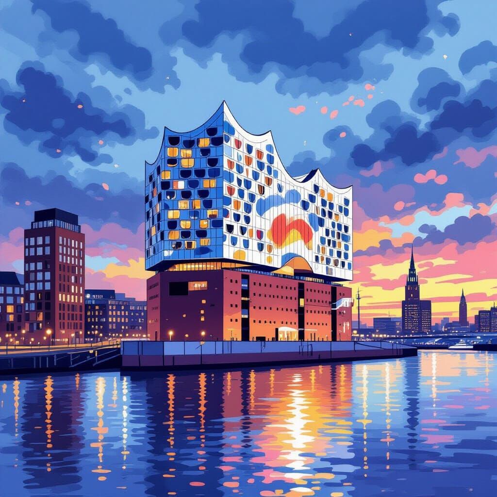 Hamburg Elbphilharmonie at Dusk in Digital Art Style