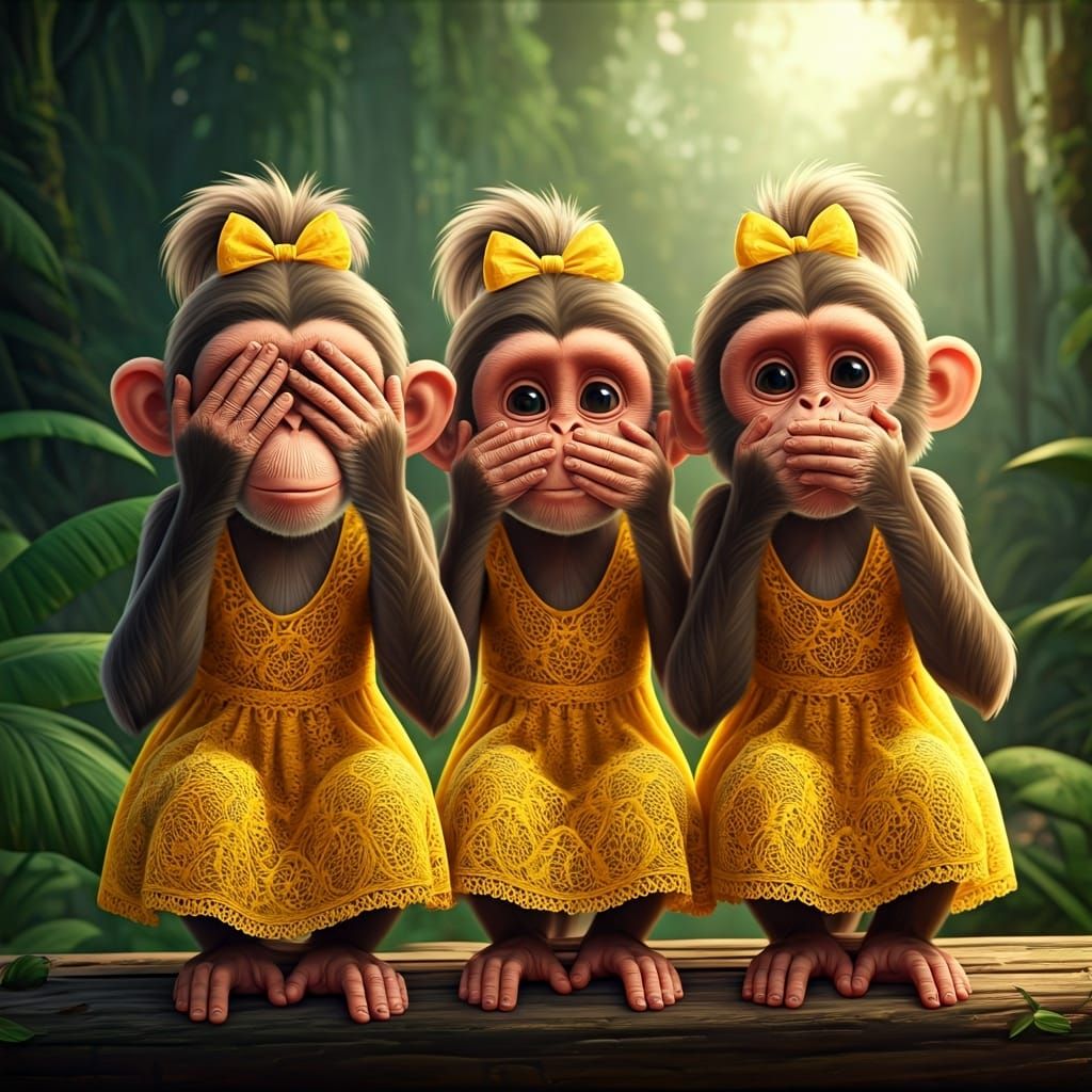 Three Monkeys in Yellow Lace Dresses