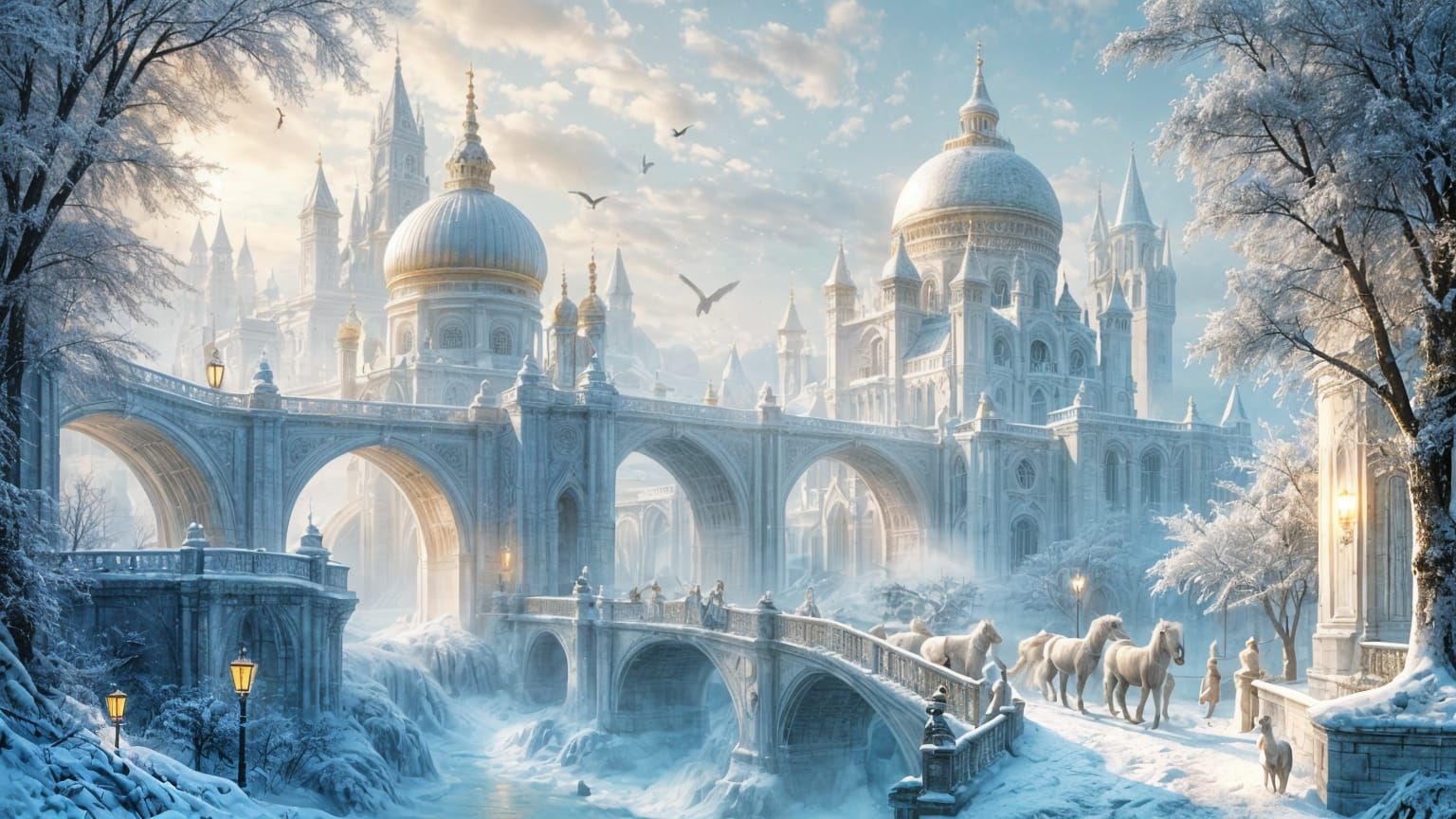 Majestic White World with Crystal Frost Bridge and Marble Ci...
