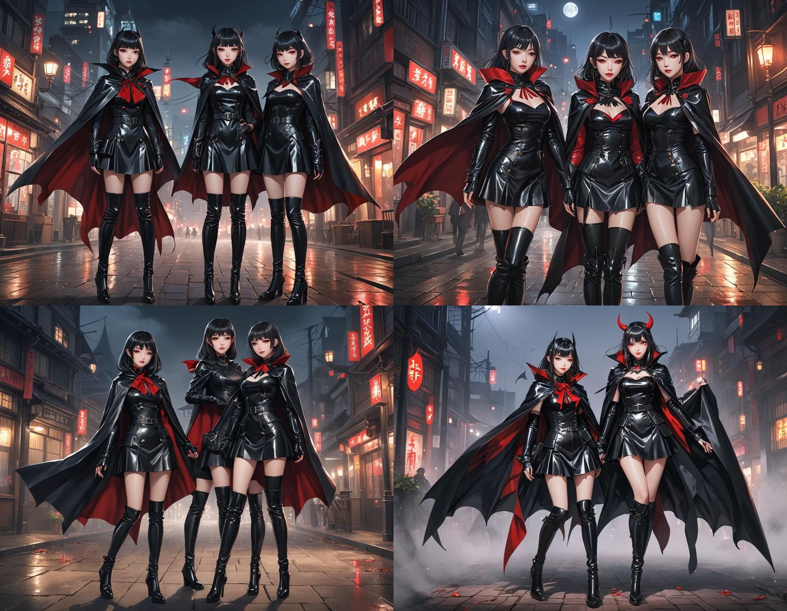 Asian Vampires Embracing in Patent Leather and Cape