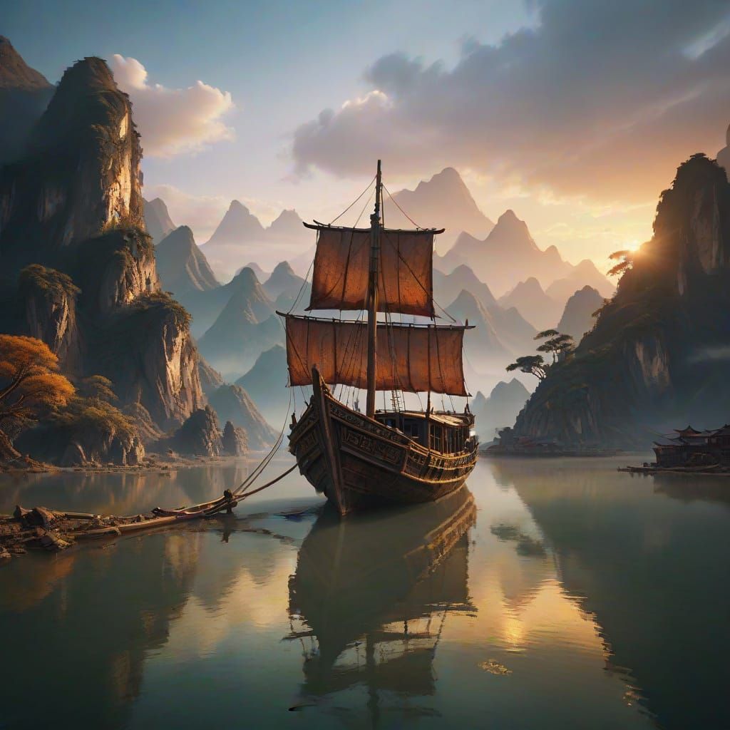 Dramatic Chinese Landscape with Drifting Boat