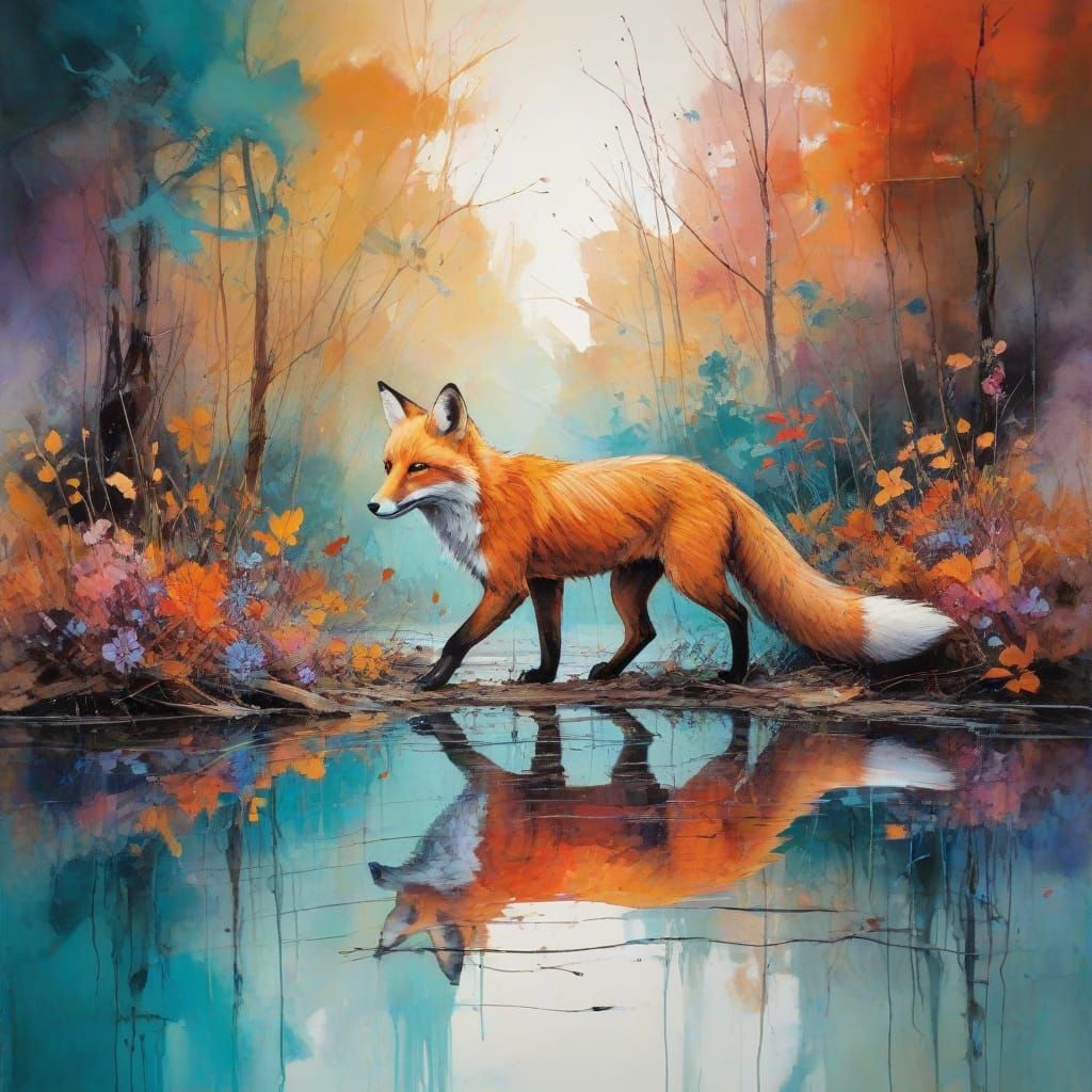 Autumn Woodland Scene in Vibrant Mixed Media Art