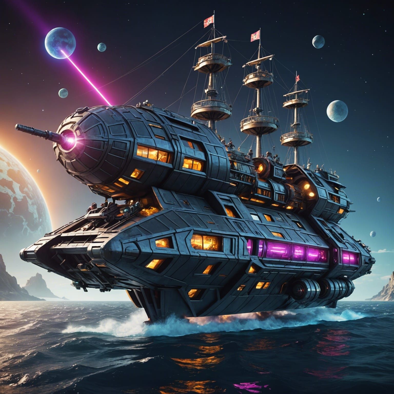 Cyberpunk Pirate Ship in Futuristic Space