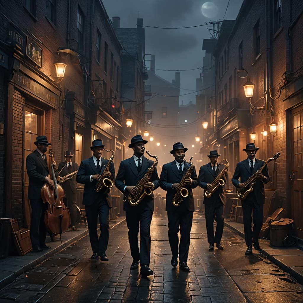Mystical Jazz Ensemble in Moonlit Alleyway
