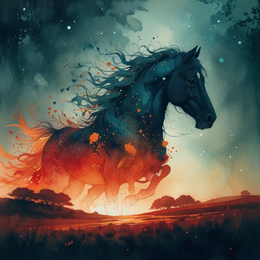 Vibrant Whimsical Watercolor Horse in Full Gallop