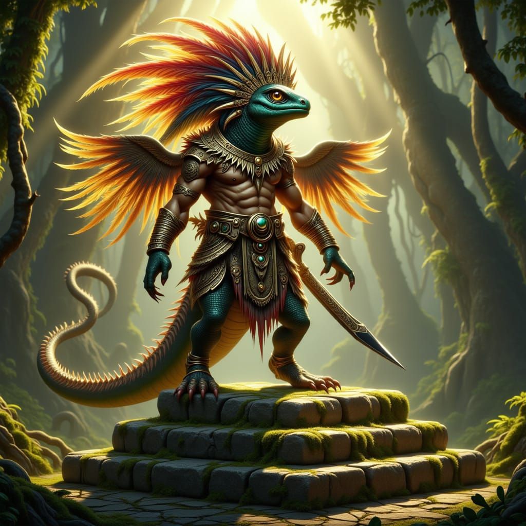 Aztec Lizard Warrior in Dramatic Sunlight on Temple Pyramid