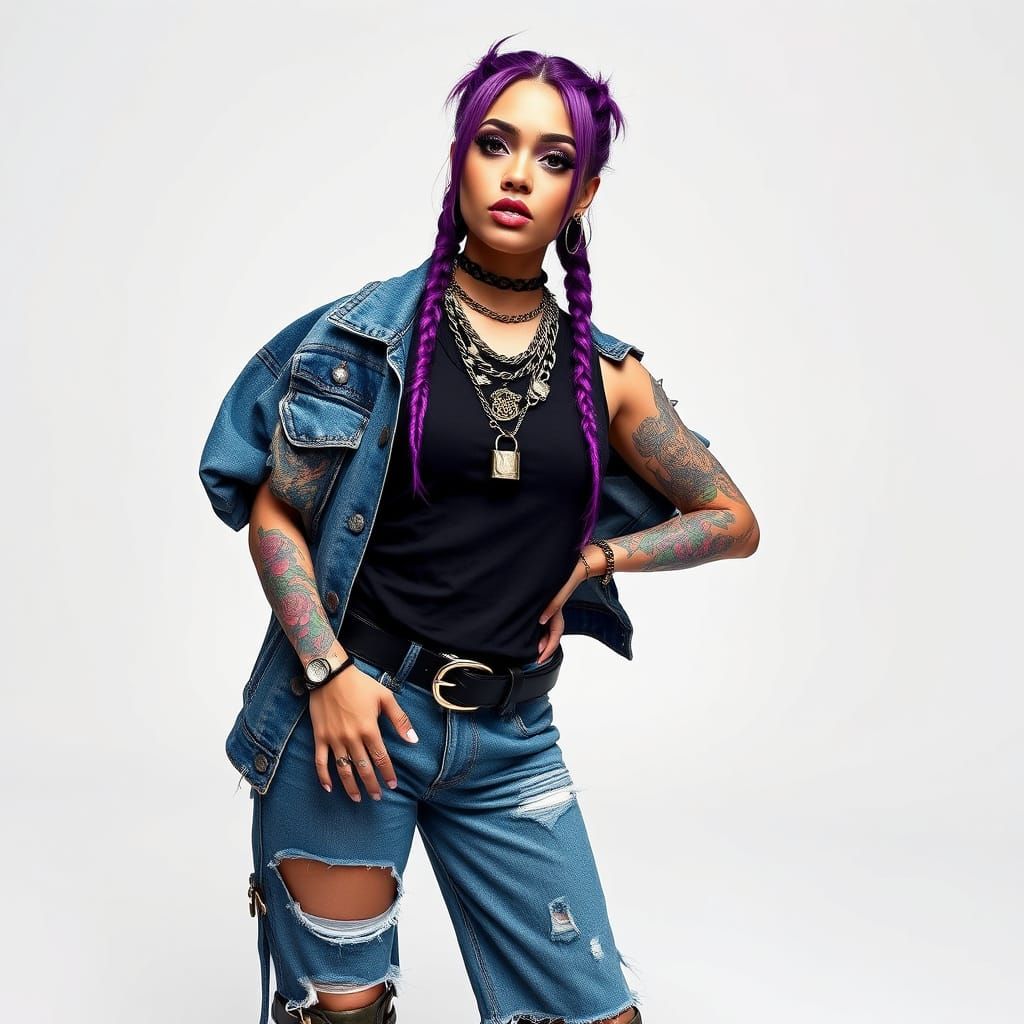 Edgy Female Rapper with Vibrant Purple Hair and Tattoos