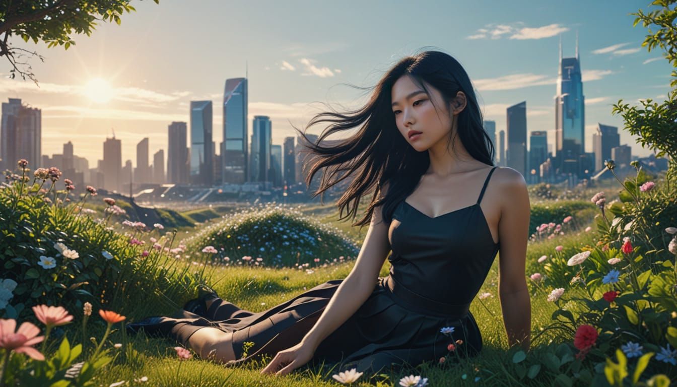 Asian Woman Gazing at Futuristic City in Sci-Fi Landscape