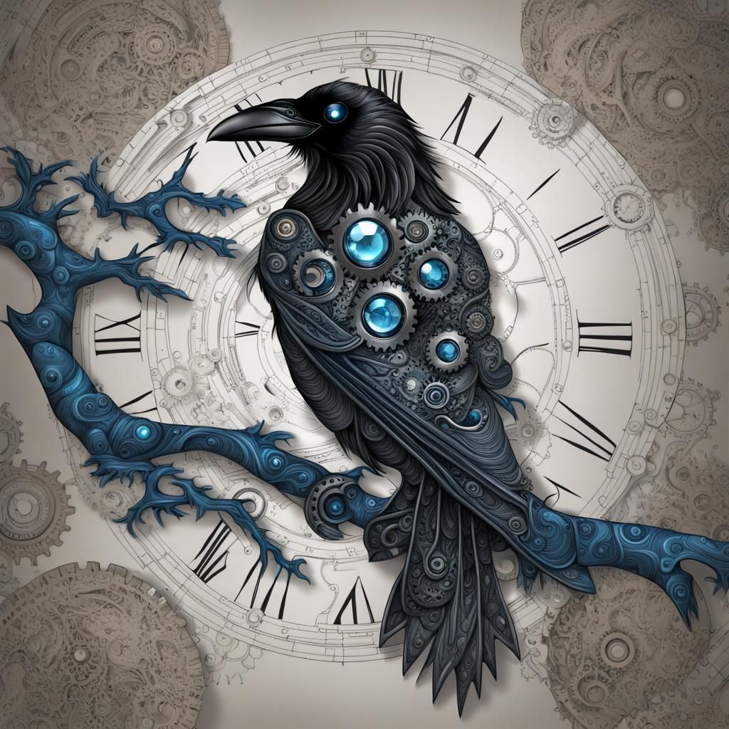 Cybernetic Raven with Gears and Blue Gemstone Eyes