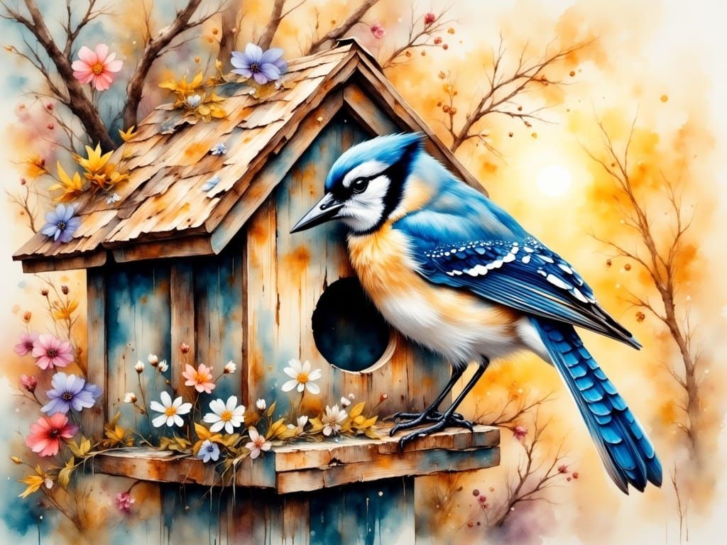 Watercolor Birdhouse Scene with Blue Jay