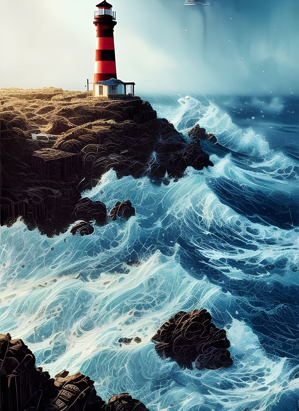 Lighthouse on a Turbulent Coast in Vibrant Watercolor