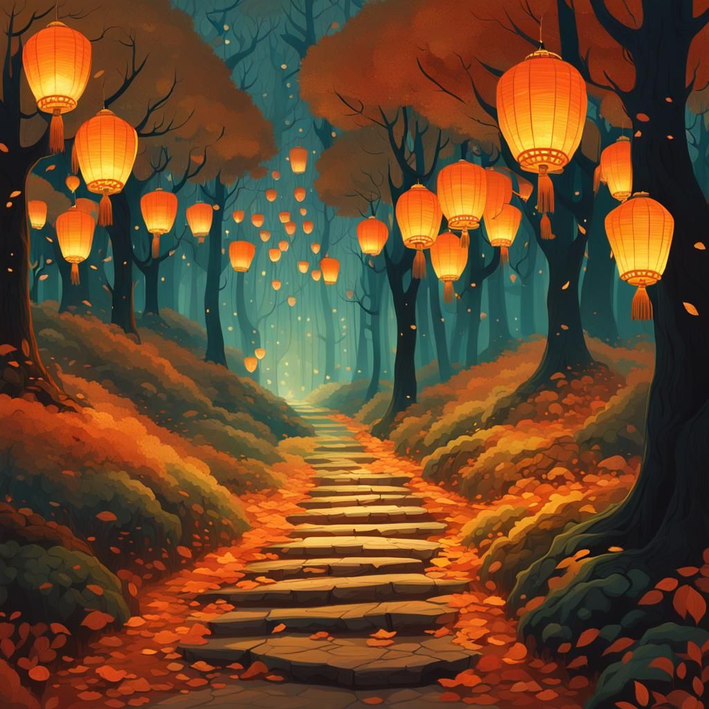 wonderful autumn night, style by Victo Ngai,.....