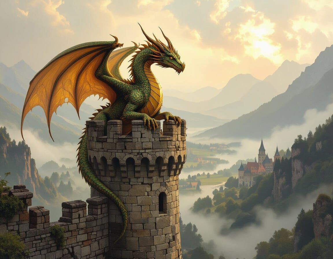 Majestic Dragon on Ancient Castle Tower in Oil Painting Styl...
