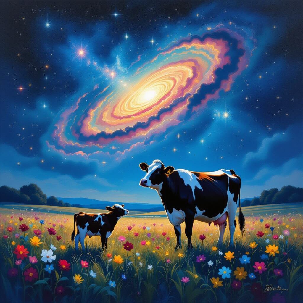 Surreal Cosmic Cows Under Nebula Sky